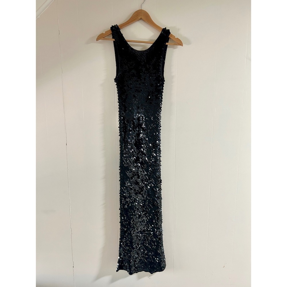 Vintage Susann D Knit Sequin Scoop Neck Racerback Column Maxi Gown in Black sz L